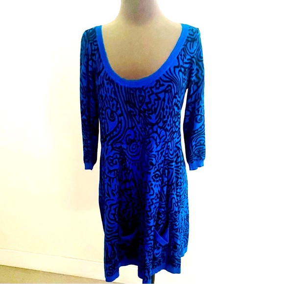 VINTAGE BETSEY JOHNSON Y2K BLUE AND BLACK PRINT STRETCH SWEATER PUNK DRESS LARGE - Picture 1 of 6